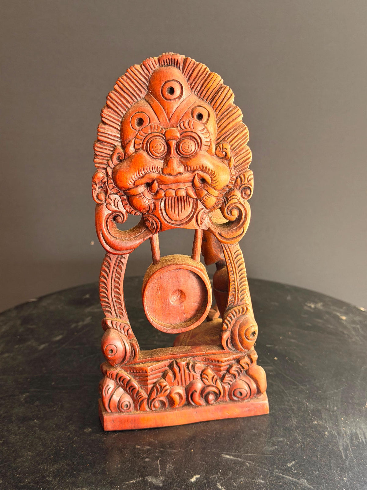 Vintage Balinese Carved Wood Gamelan Gong Player Statue Boma Mask 7.8"