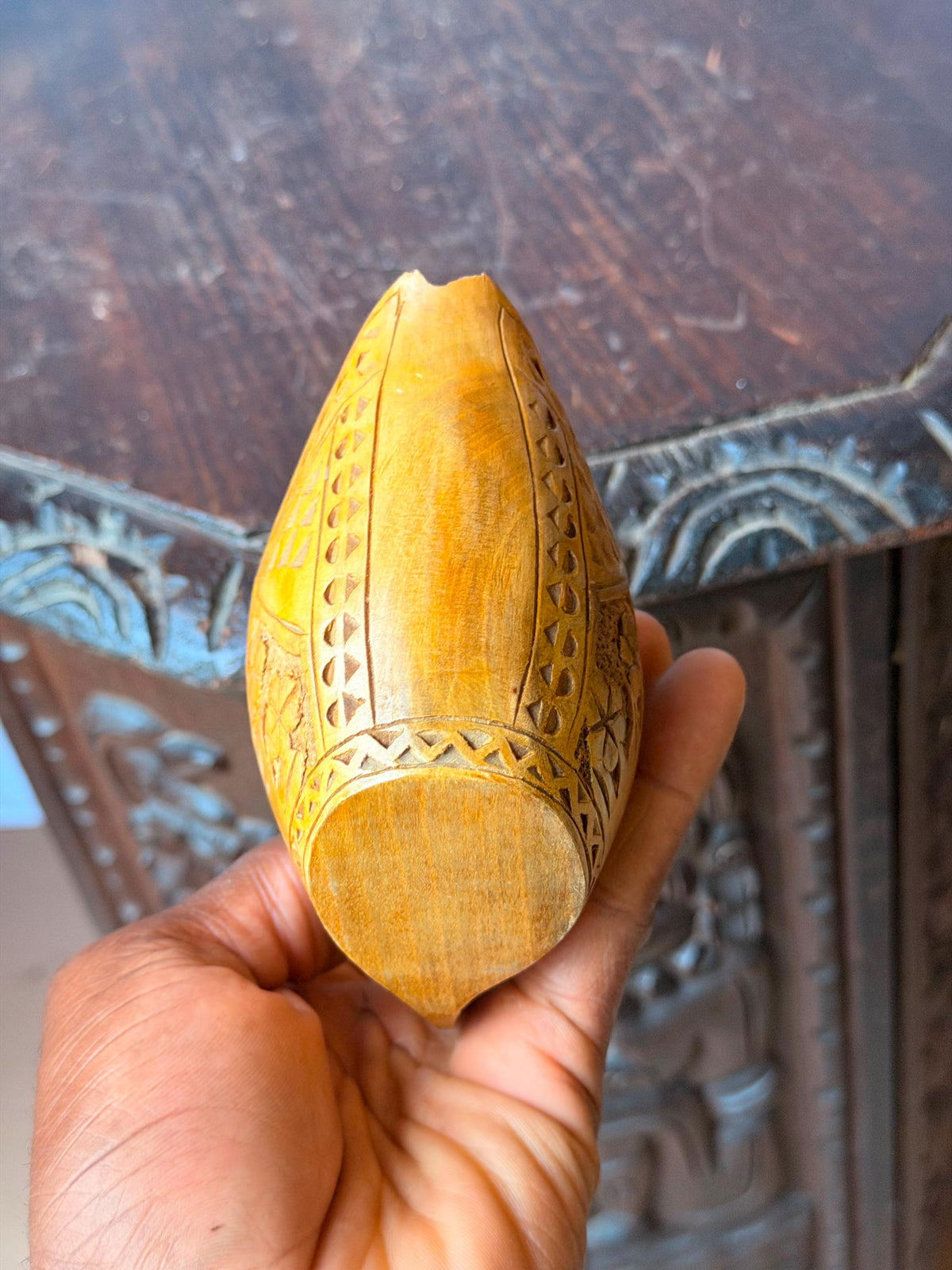 Vintage Carved Wood Folk Art Scoop Vessel Floral Openwork Handle Accent