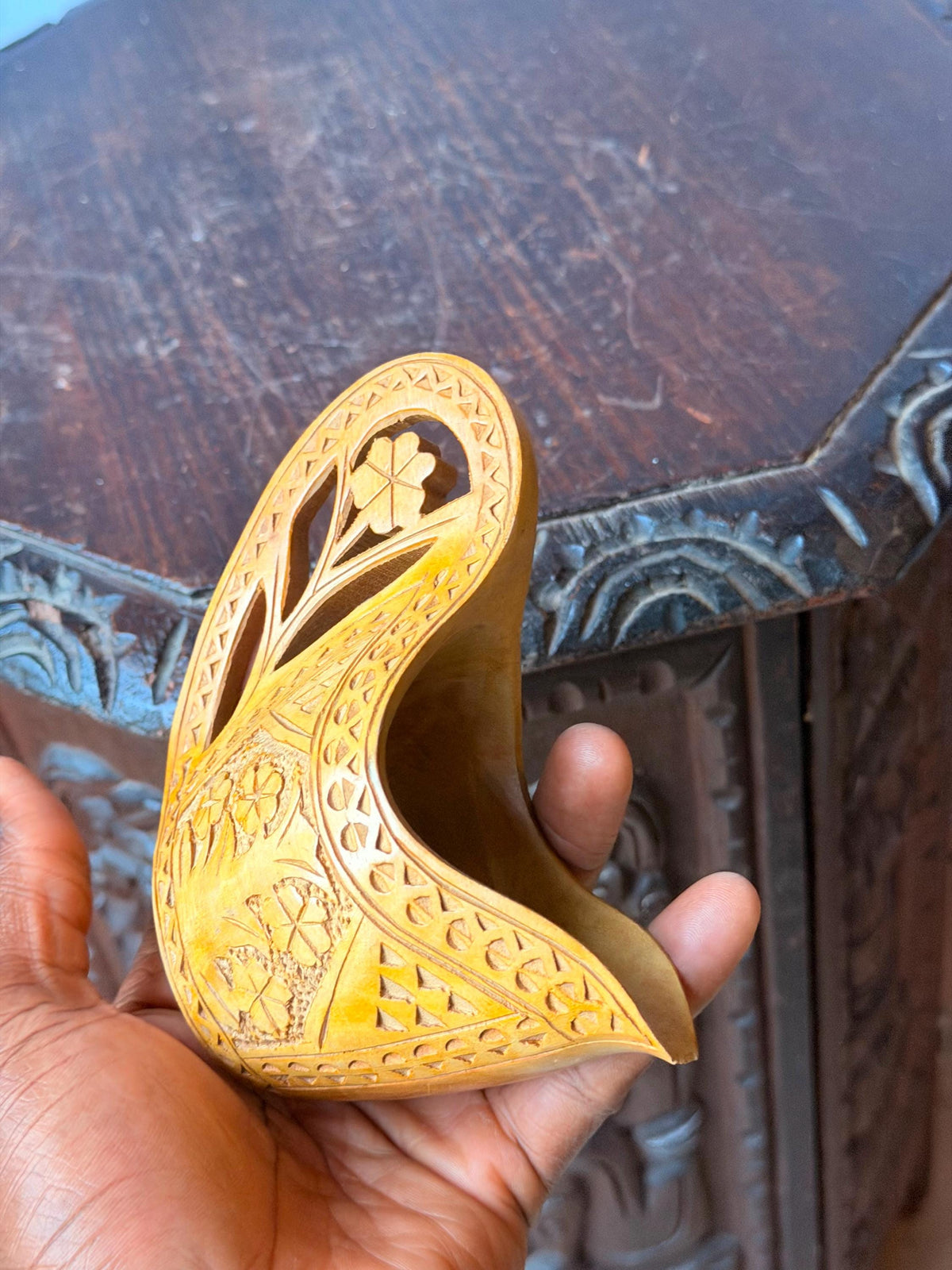 Vintage Carved Wood Folk Art Scoop Vessel Floral Openwork Handle Accent