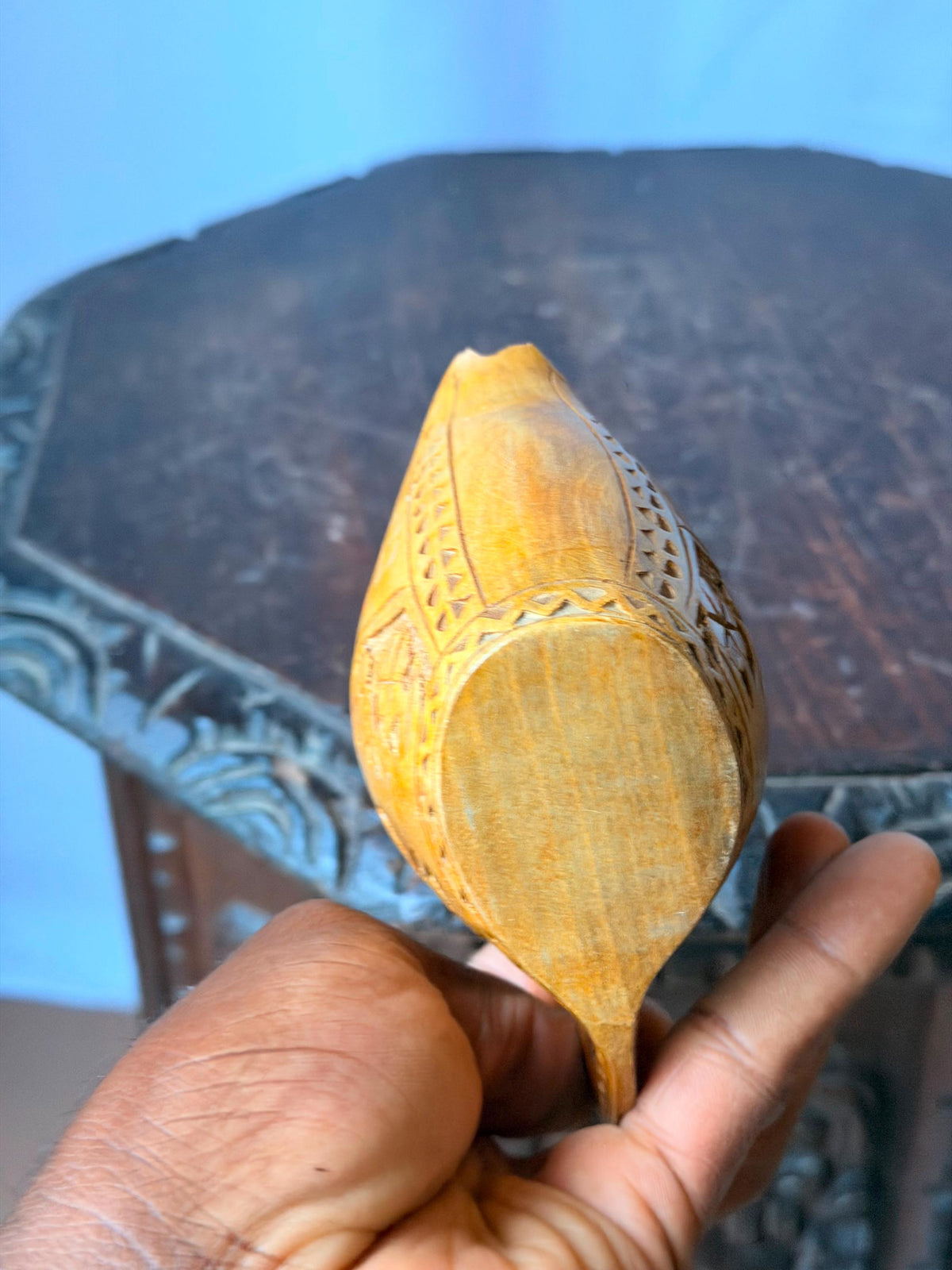 Vintage Carved Wood Folk Art Scoop Vessel Floral Openwork Handle Accent