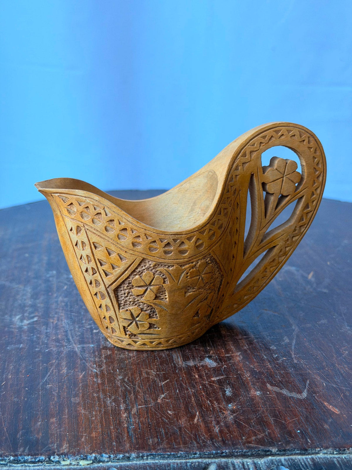 Vintage Carved Wood Folk Art Scoop Vessel Floral Openwork Handle Accent
