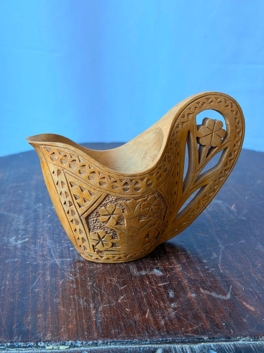 Vintage Carved Wood Folk Art Scoop Vessel Floral Openwork Handle Accent