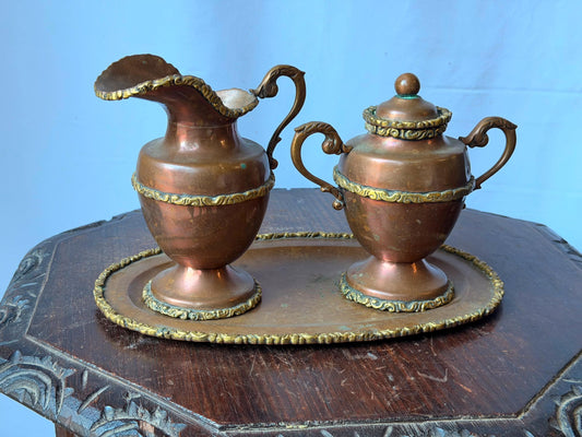 Vintage Copper Brass Creamer Sugar Bowl Tray Set Rococo French Country Decor