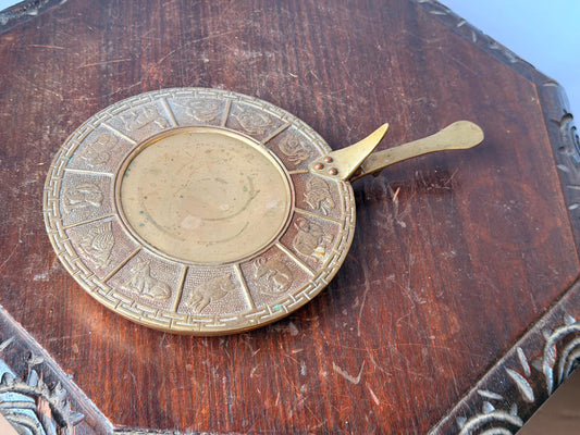 Vintage Brass Chinese Zodiac Lidded Pan Vessel East Asian Calendar Decor