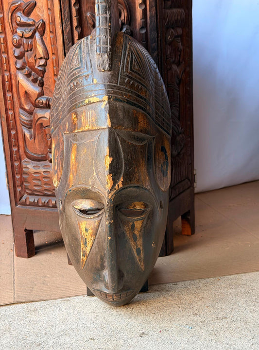 Vintage Igbo Style Crested Mask African Hand Carved Wooden Wall Sculpture