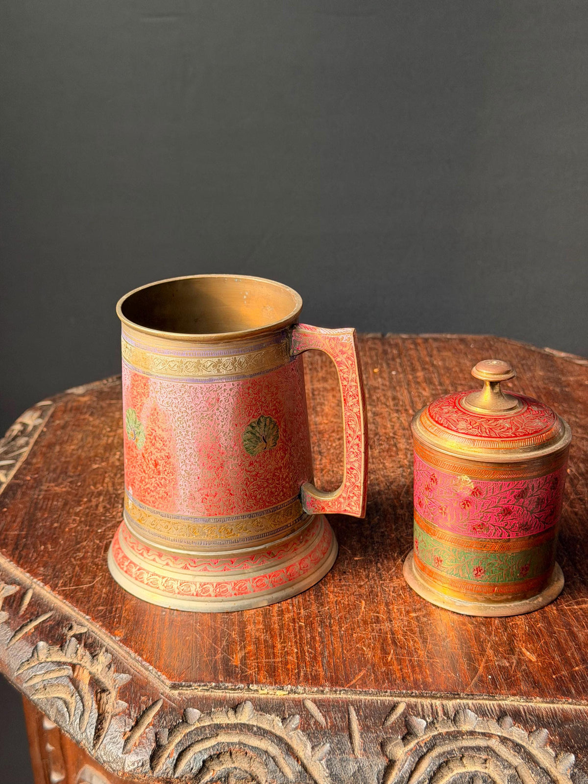 Vintage Etched Brass Enamel Tankard Mug Lidded Jar Set South Asian Folk Art