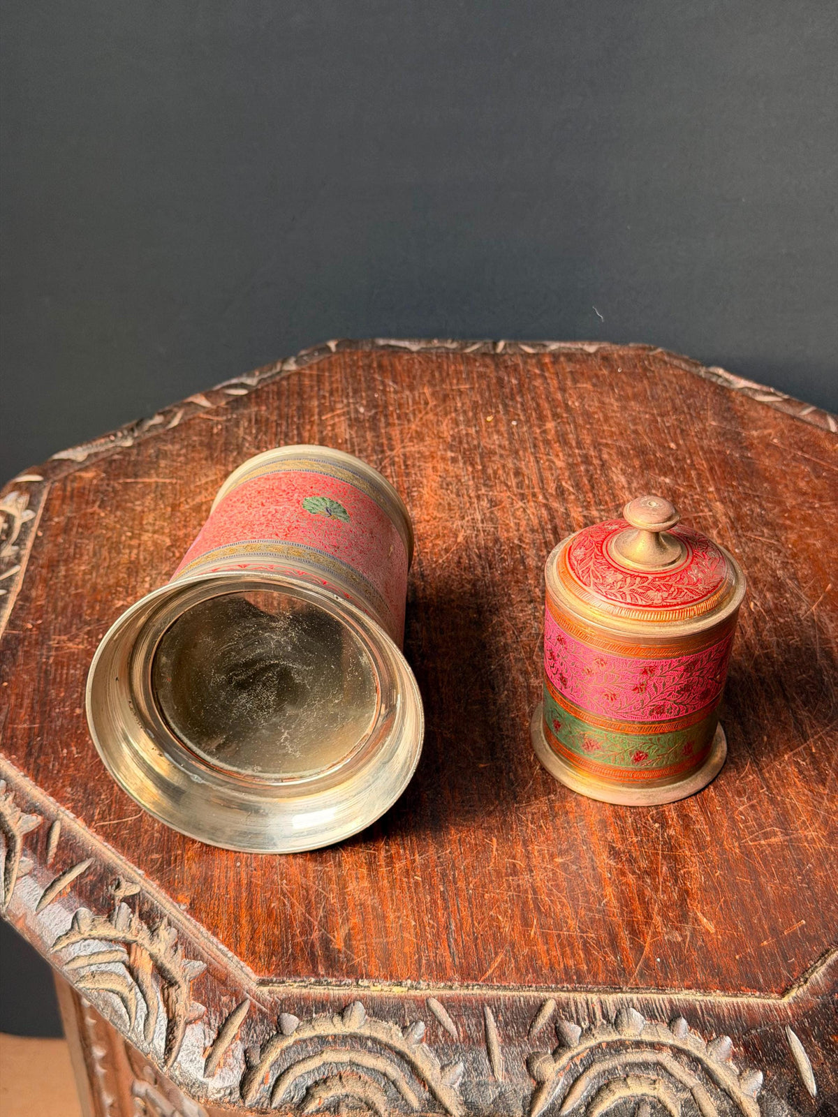 Vintage Etched Brass Enamel Tankard Mug Lidded Jar Set South Asian Folk Art