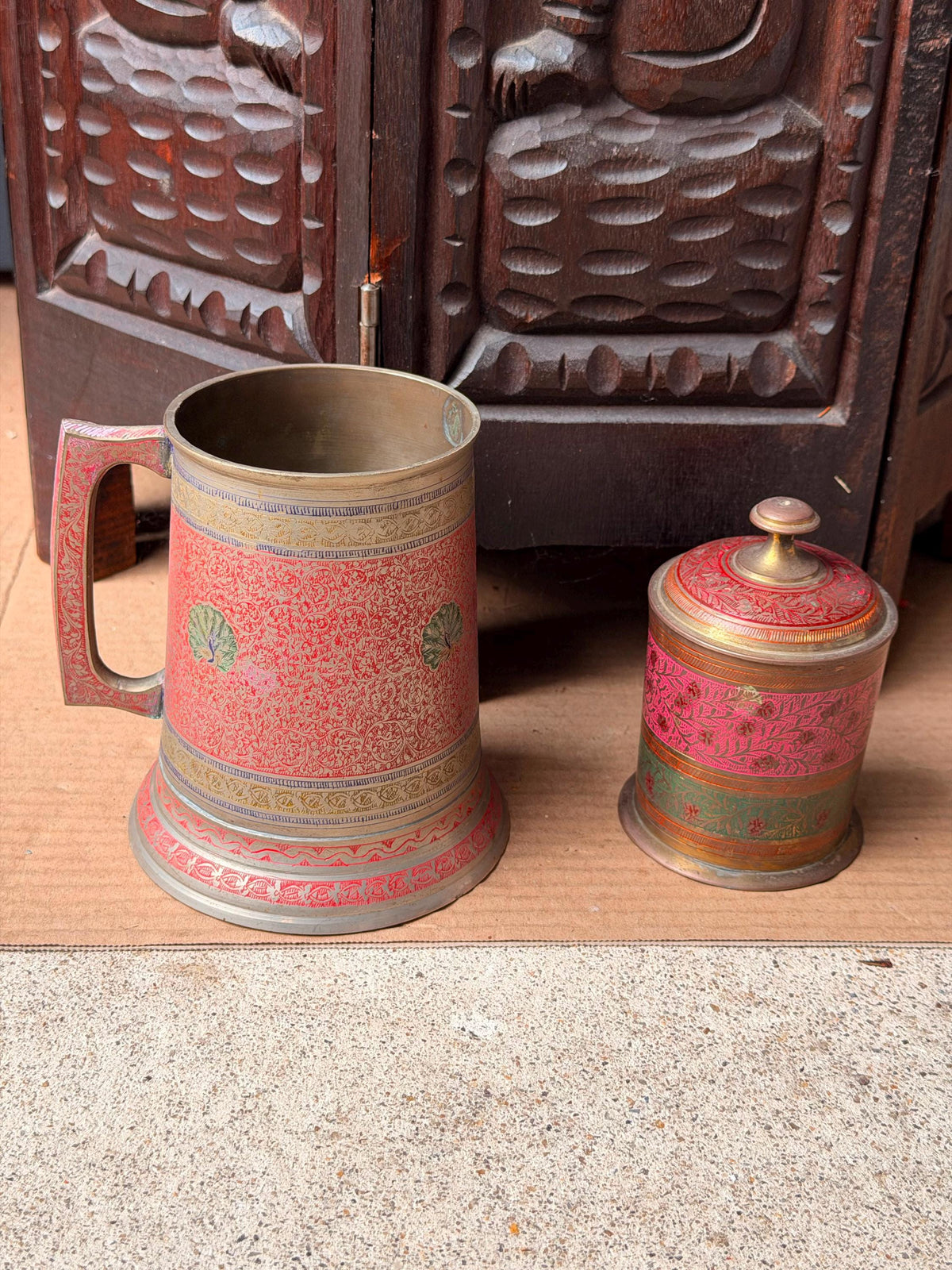 Vintage Etched Brass Enamel Tankard Mug Lidded Jar Set South Asian Folk Art