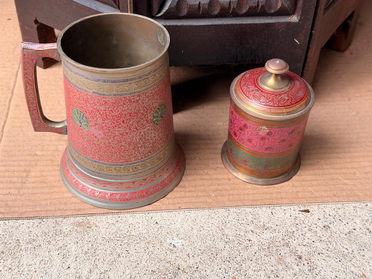 Vintage Etched Brass Enamel Tankard Mug Lidded Jar Set South Asian Folk Art
