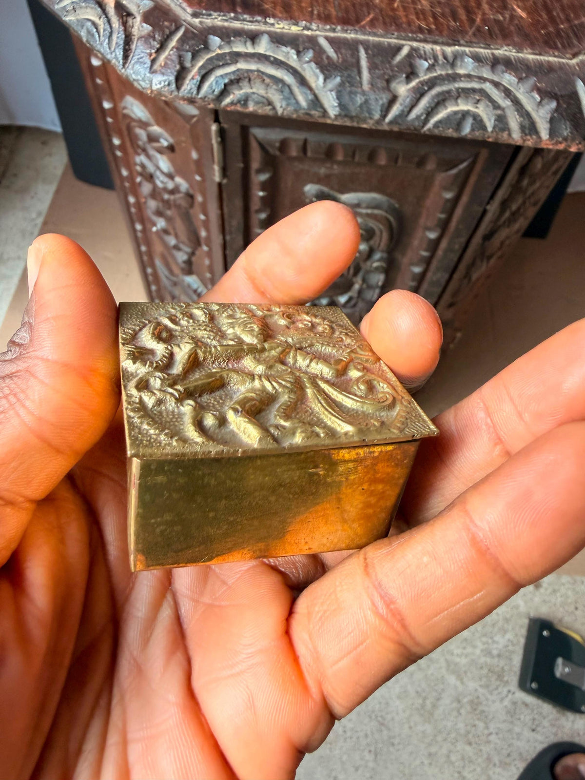 Vintage Brass Apsara Celestial Dancer Hand Bell & Relief Box Set