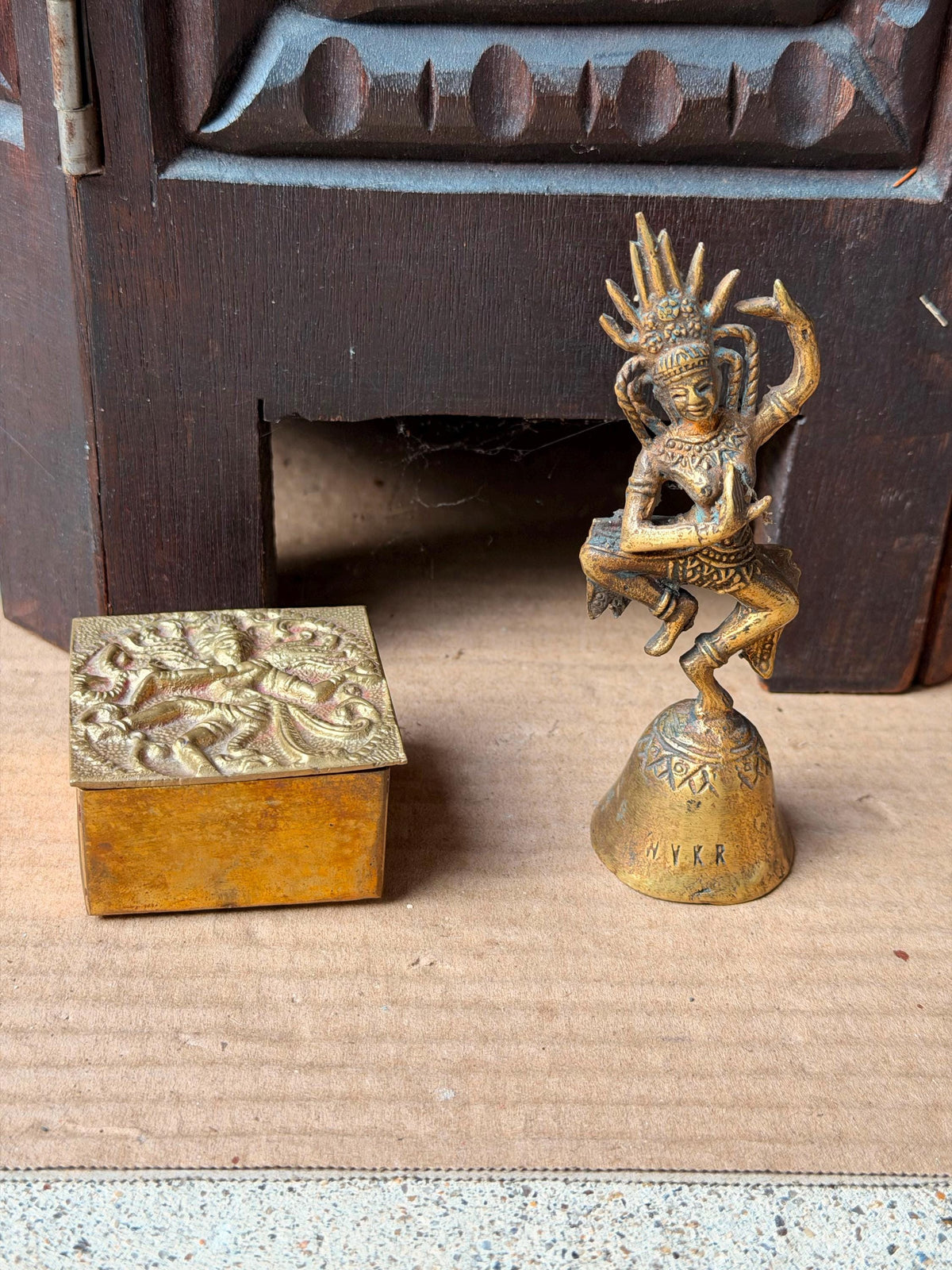 Vintage Brass Apsara Celestial Dancer Hand Bell & Relief Box Set