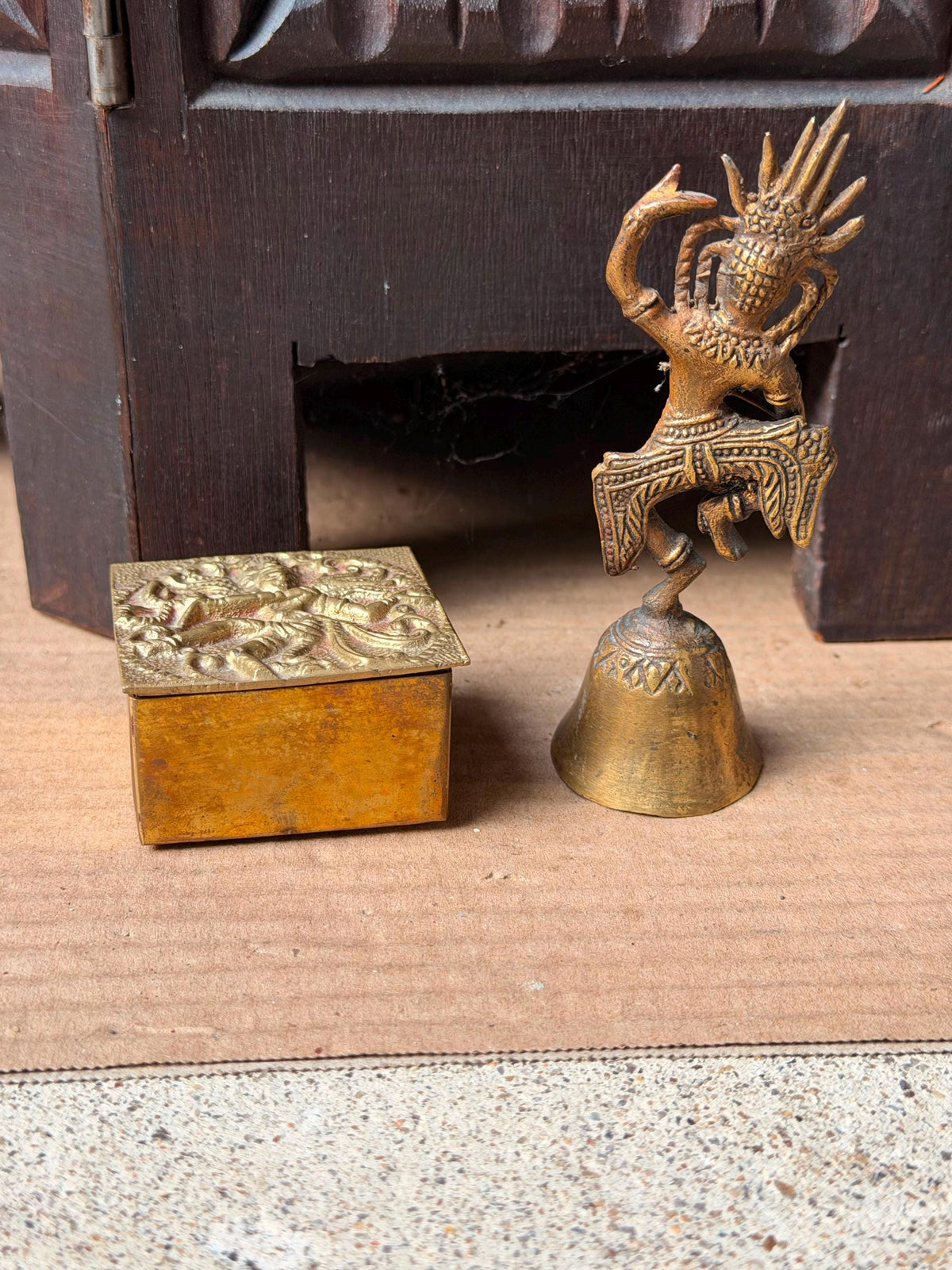 Vintage Brass Apsara Celestial Dancer Hand Bell & Relief Box Set