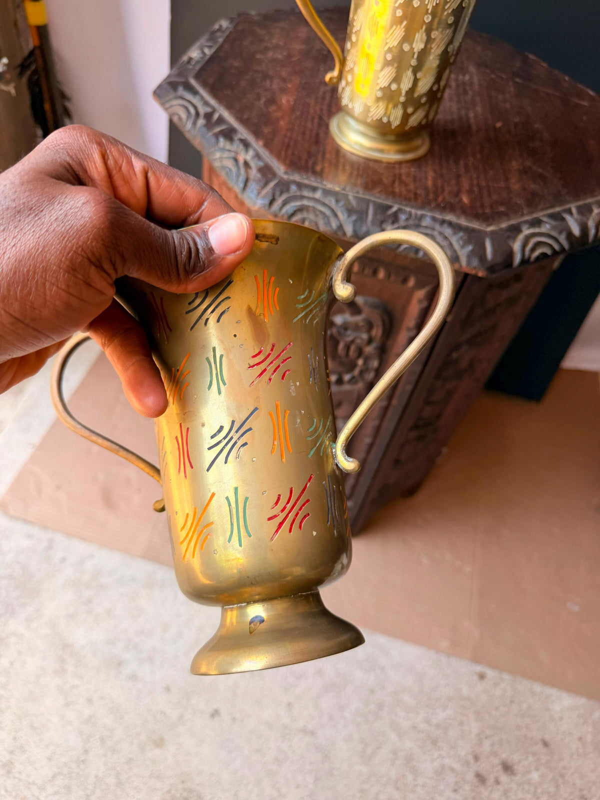 Vintage Sarna India Etched Brass Enamel Pitcher Trophy Vase Set Mid Century