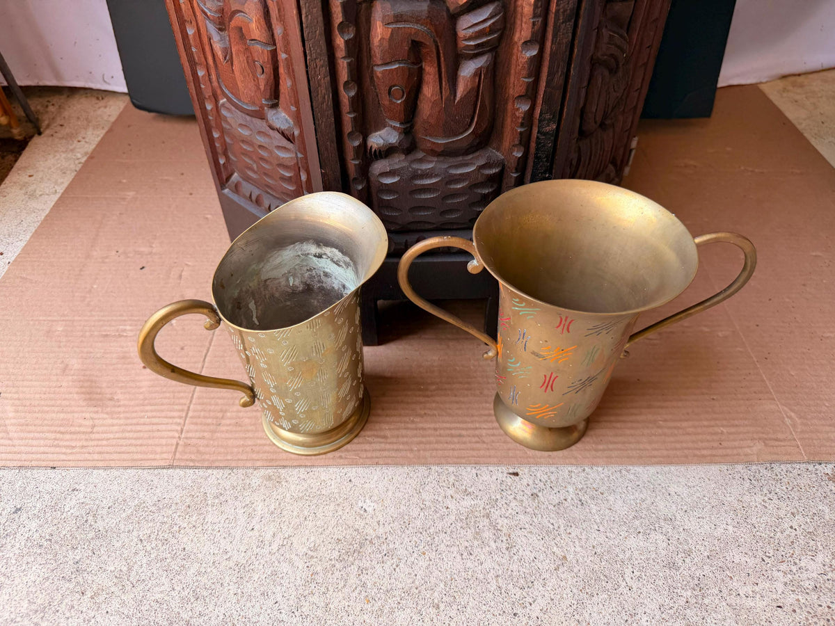 Vintage Sarna India Etched Brass Enamel Pitcher Trophy Vase Set Mid Century