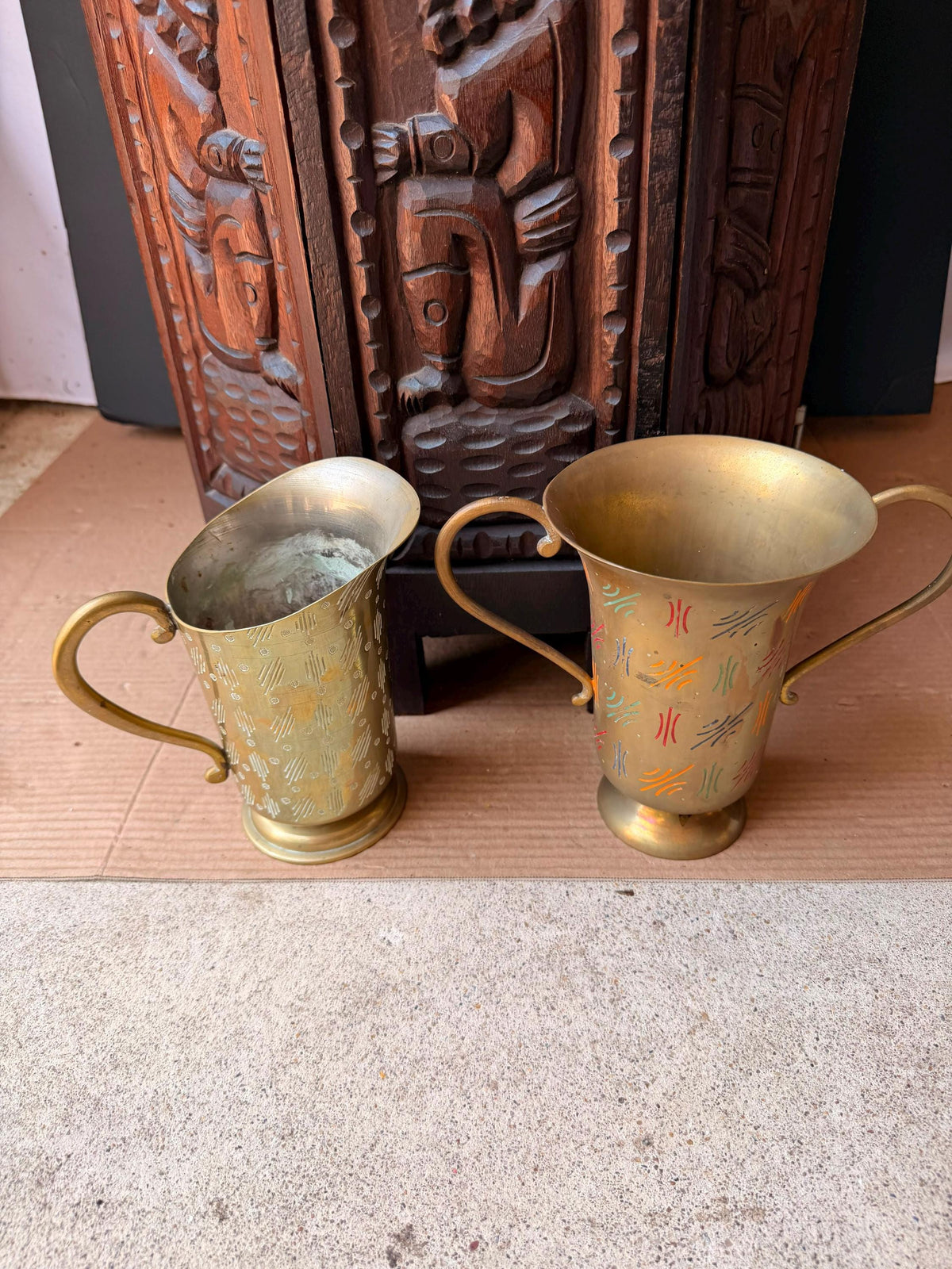 Vintage Sarna India Etched Brass Enamel Pitcher Trophy Vase Set Mid Century