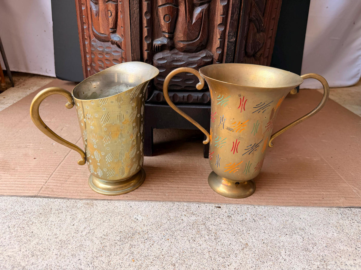 Vintage Sarna India Etched Brass Enamel Pitcher Trophy Vase Set Mid Century