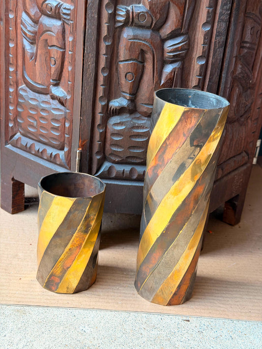 Vintage Mixed Metal Spiral Vase Set Brass Copper Faceted Cylinder India 9"
