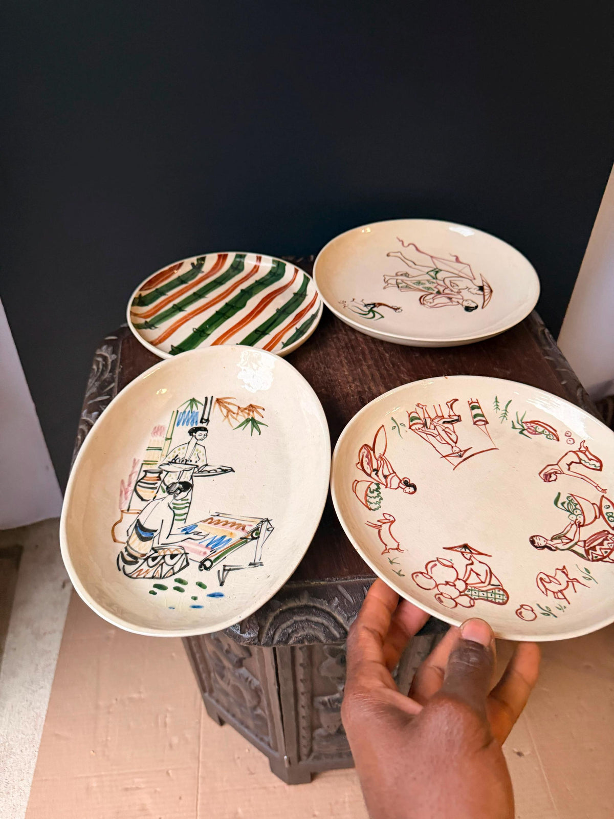 Vintage Indonesian Tjipaganti Bandung Pottery Dish Set Javanese Folk Art