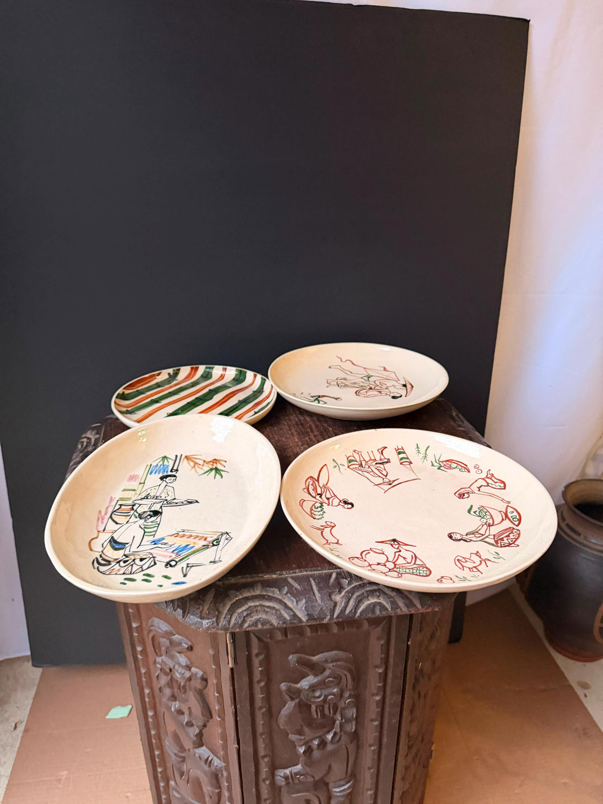 Vintage Indonesian Tjipaganti Bandung Pottery Dish Set Javanese Folk Art