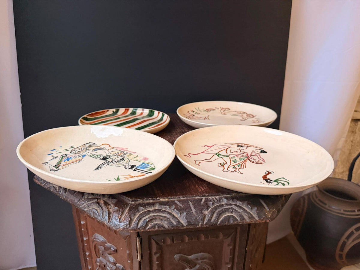 Vintage Indonesian Tjipaganti Bandung Pottery Dish Set Javanese Folk Art