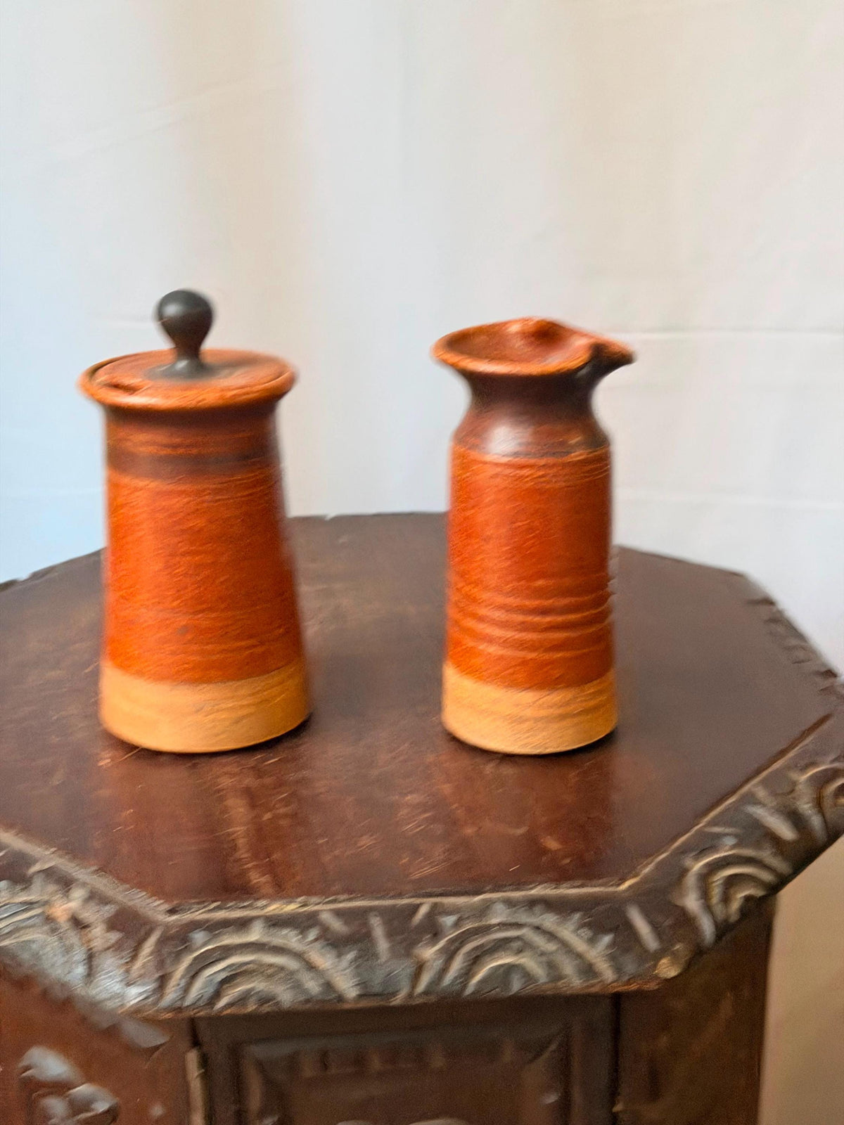 Vintage Studio Art Pottery Creamer Sugar Set Rust Glaze Signed EM MCM