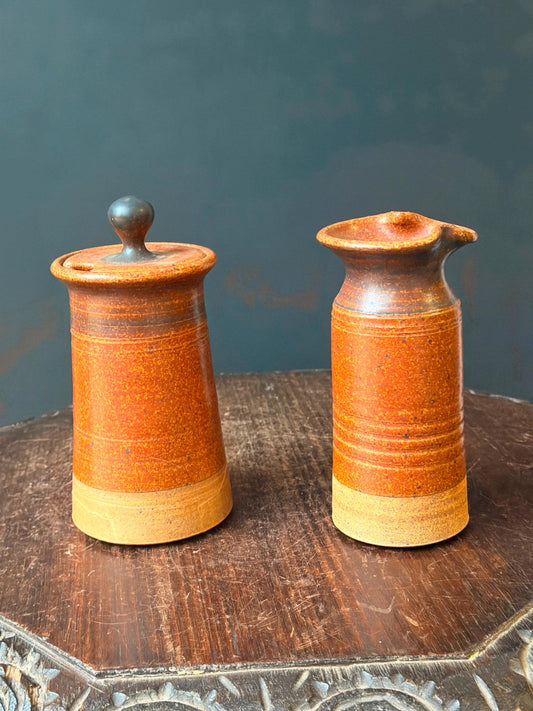 Vintage Studio Art Pottery Creamer Sugar Set Rust Glaze Signed EM MCM