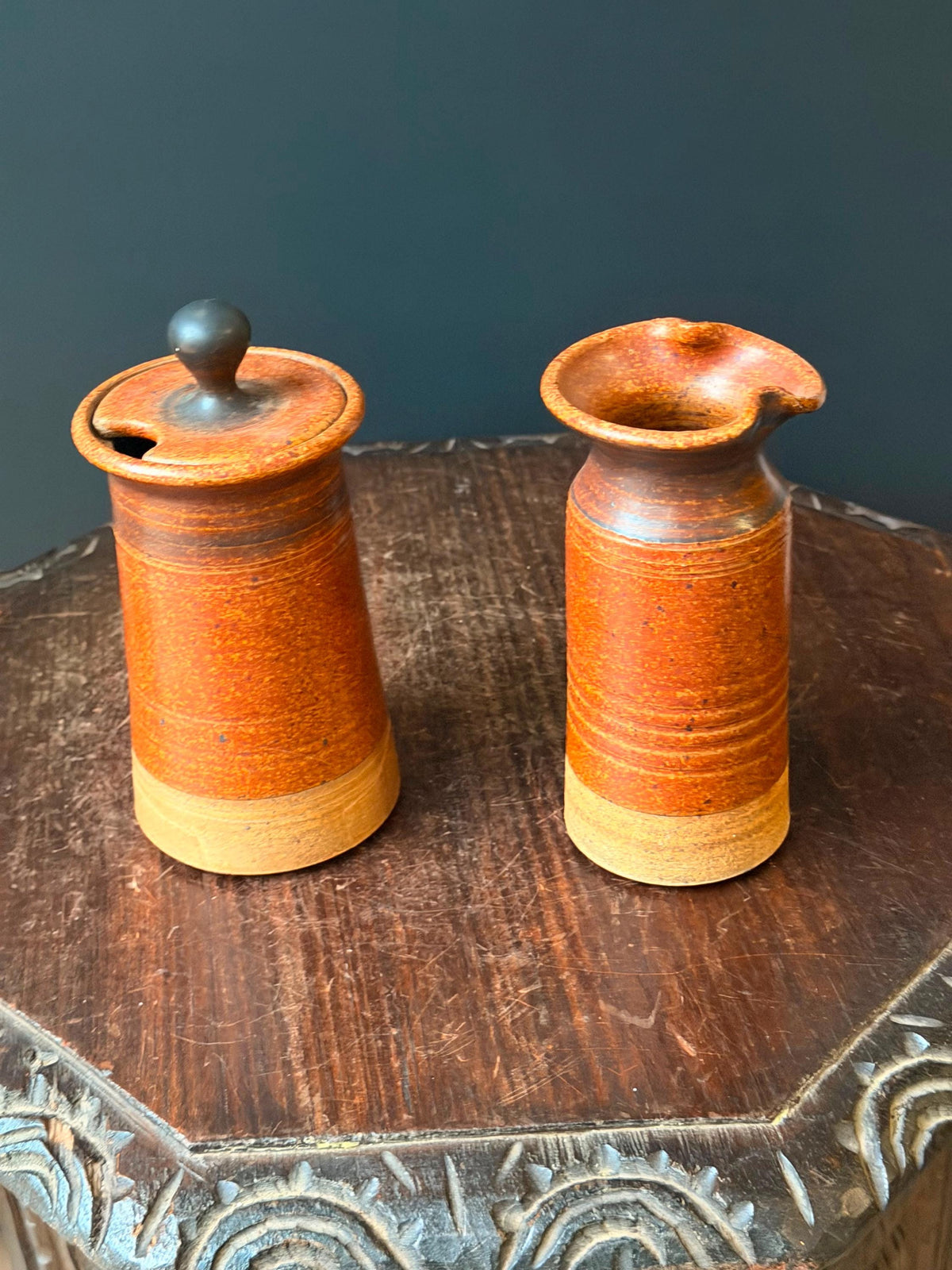 Vintage Studio Art Pottery Creamer Sugar Set Rust Glaze Signed EM MCM