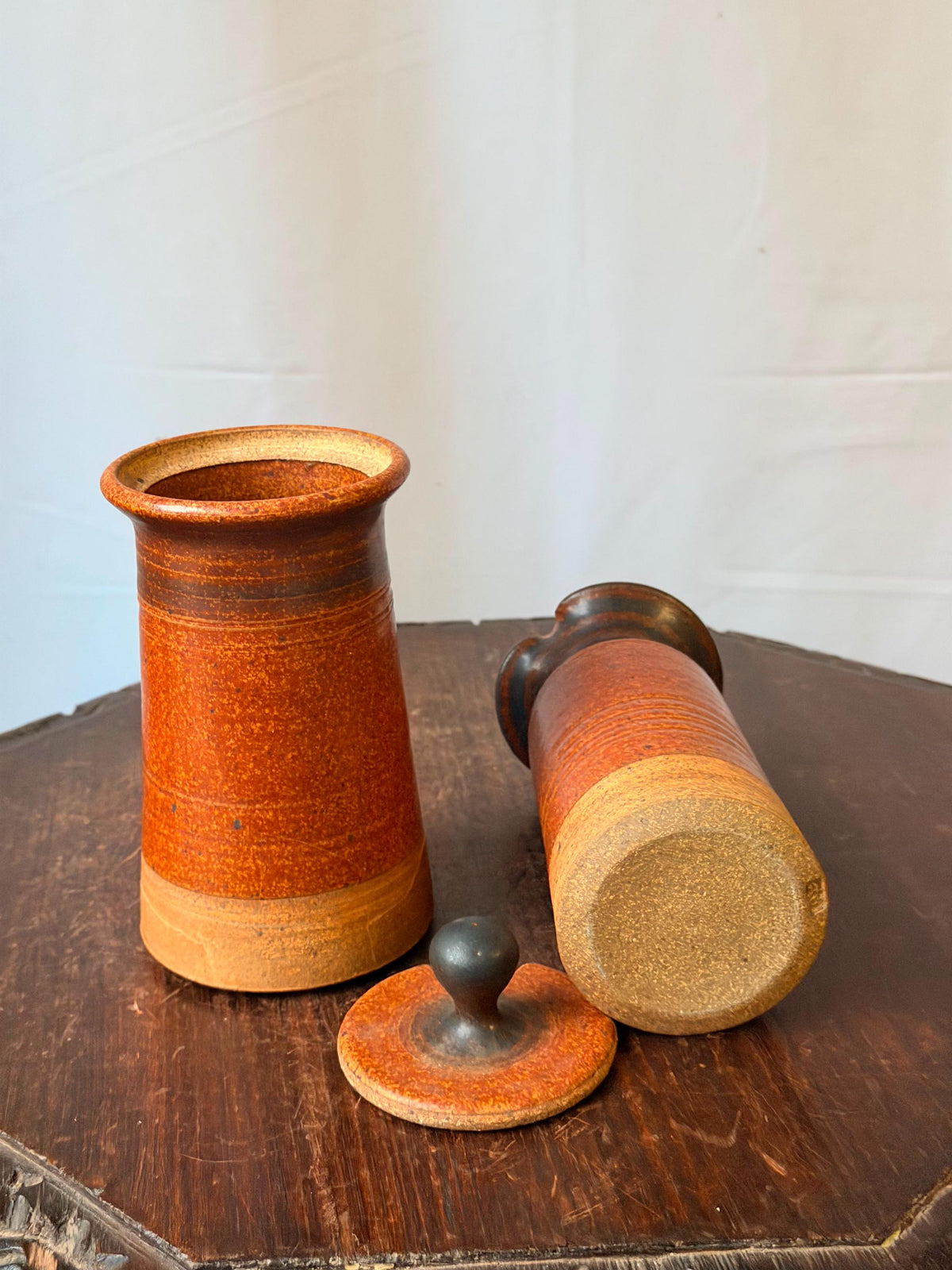 Vintage Studio Art Pottery Creamer Sugar Set Rust Glaze Signed EM MCM