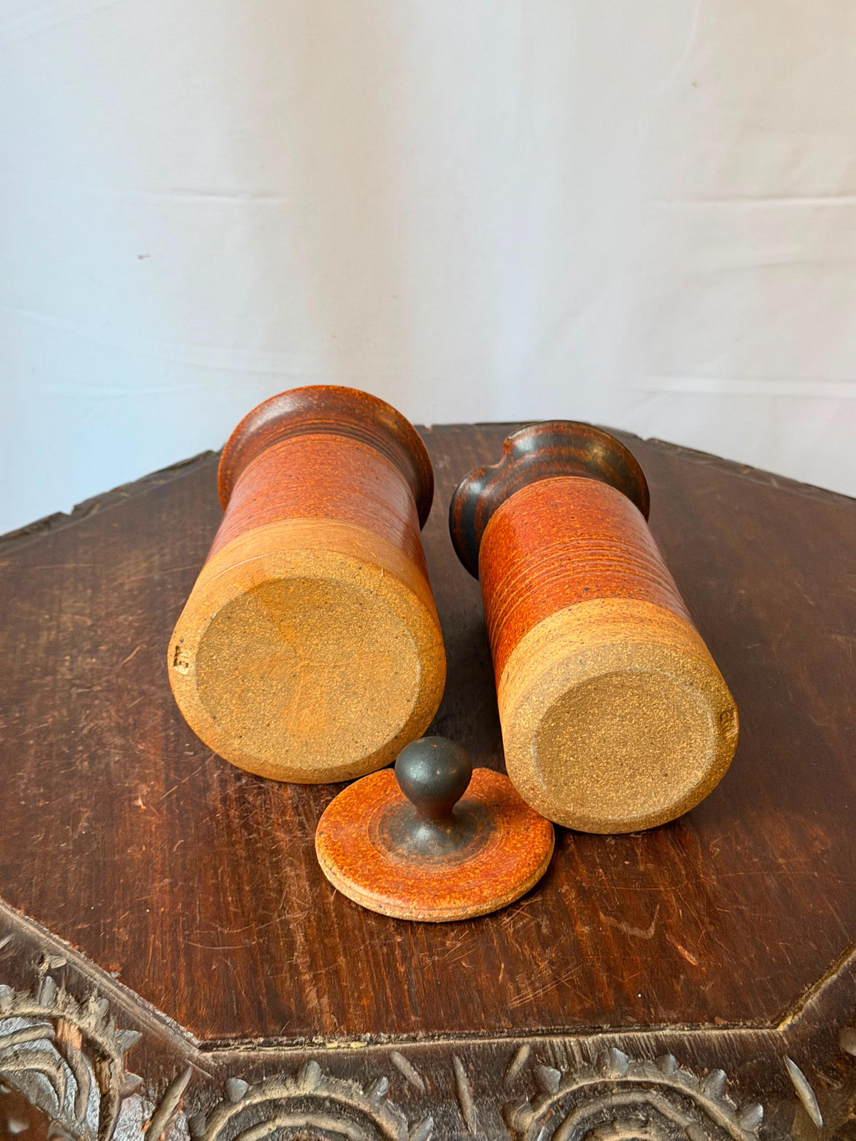 Vintage Studio Art Pottery Creamer Sugar Set Rust Glaze Signed EM MCM