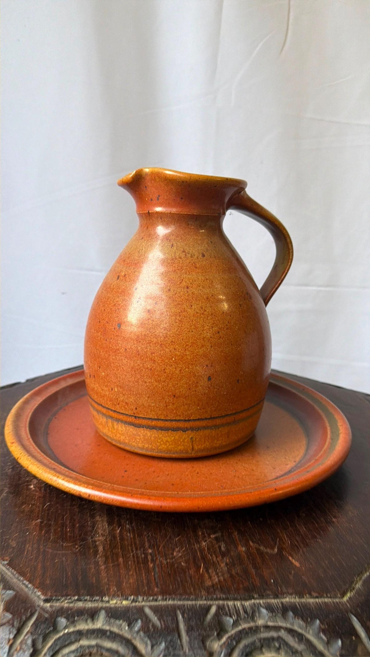 Vintage Robert Crystal Vermont Studio Pottery Pitcher Platter Set Orange Glaze