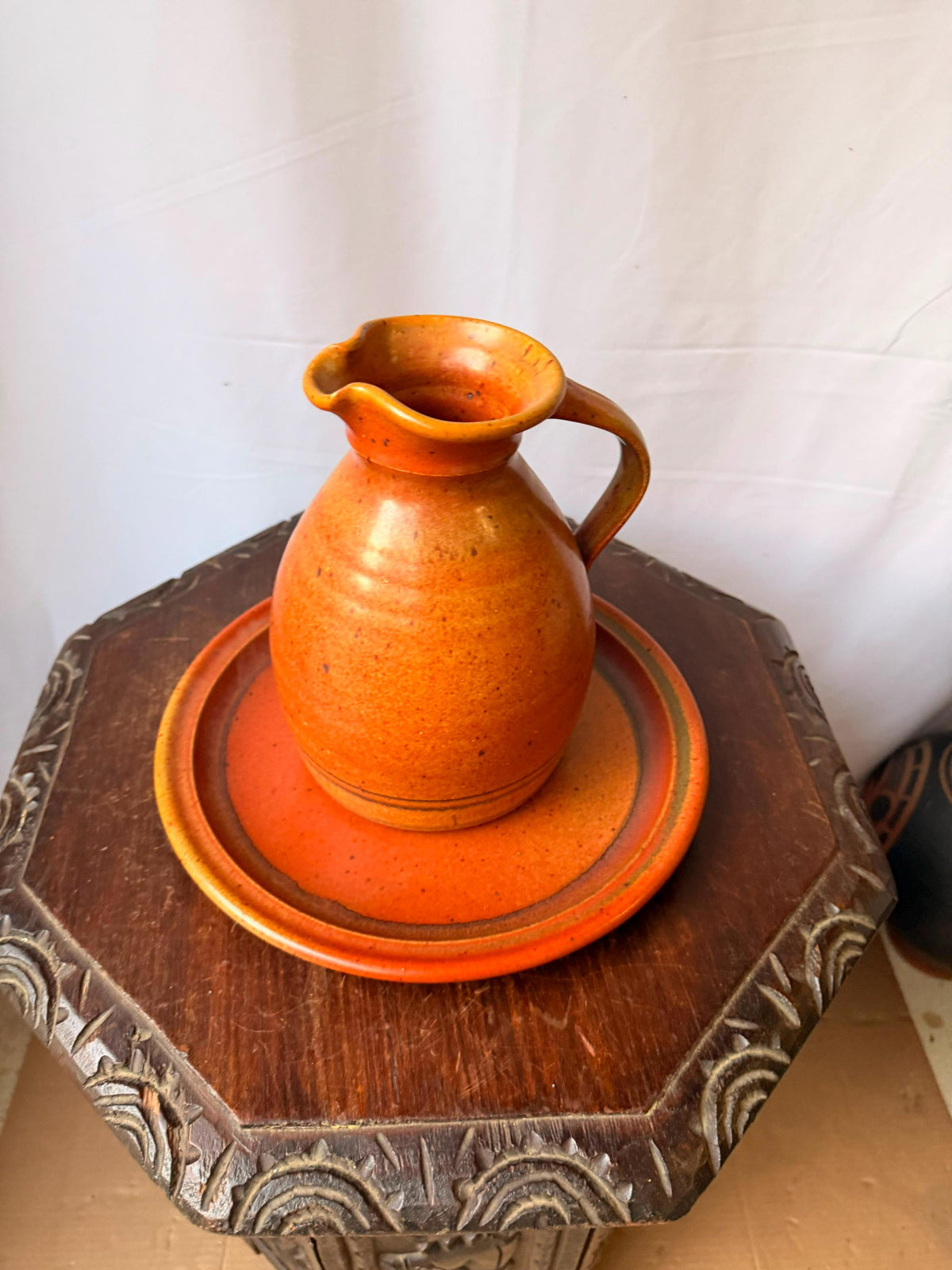Vintage Robert Crystal Vermont Studio Pottery Pitcher Platter Set Orange Glaze