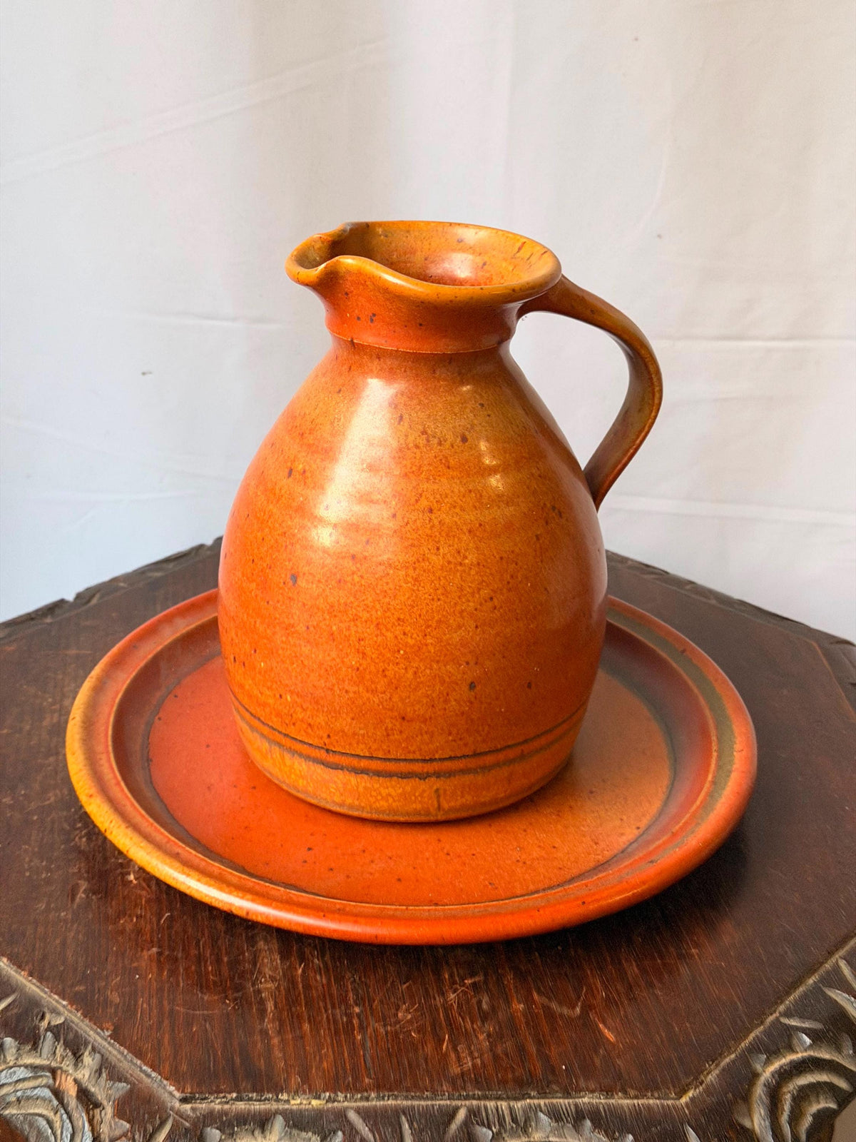 Vintage Robert Crystal Vermont Studio Pottery Pitcher Platter Set Orange Glaze