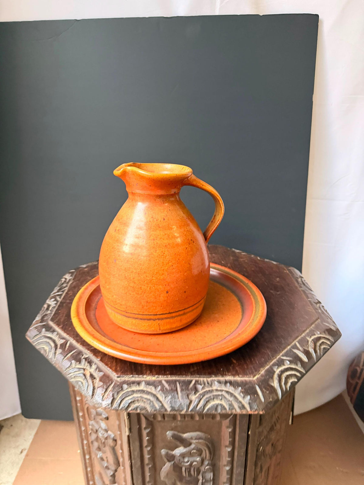 Vintage Robert Crystal Vermont Studio Pottery Pitcher Platter Set Orange Glaze