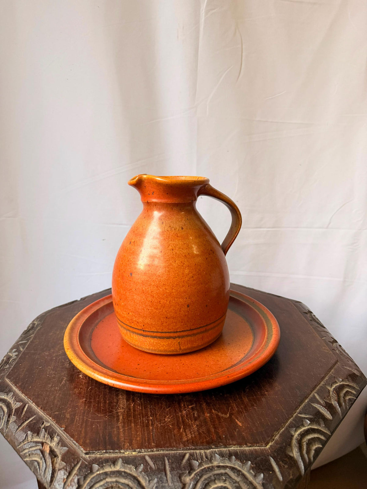 Vintage Robert Crystal Vermont Studio Pottery Pitcher Platter Set Orange Glaze