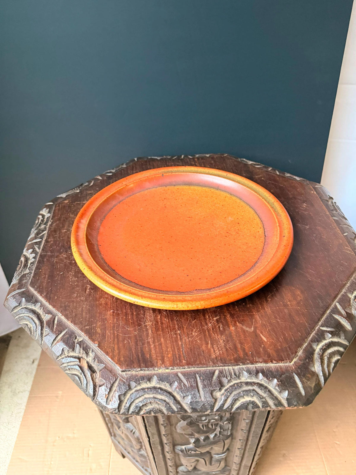 Vintage Robert Crystal Vermont Studio Pottery Pitcher Platter Set Orange Glaze