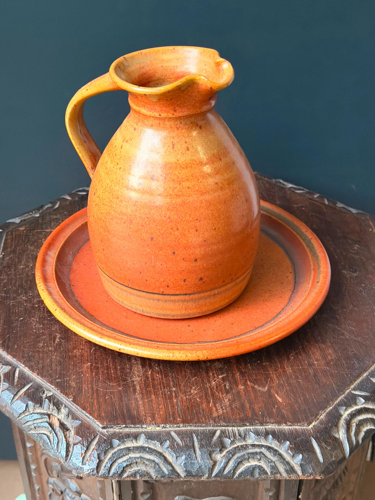 Vintage Robert Crystal Vermont Studio Pottery Pitcher Platter Set Orange Glaze