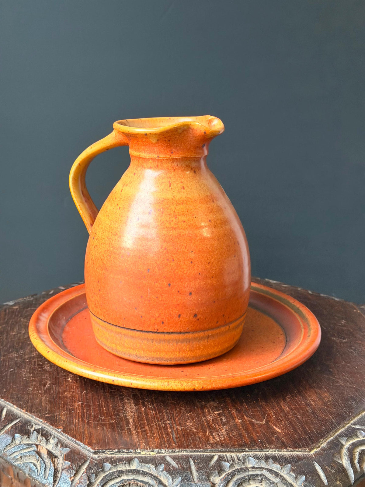 Vintage Robert Crystal Vermont Studio Pottery Pitcher Platter Set Orange Glaze