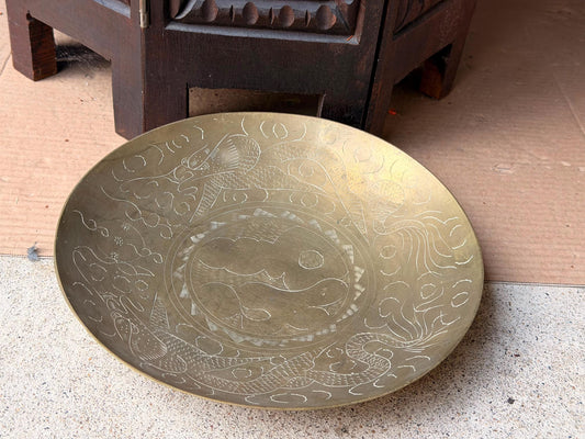 Vintage Brass Dragon Phoenix Vessel Engraved Etched Dish Tray 10"