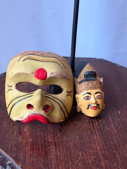 Vintage Balinese Topeng Wood Mask Pair Hand Carved Indonesian Folk Art Decor