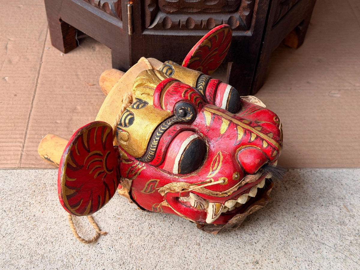 Vintage Balinese Barong Wood Mask Articulated Tongue Ears Puppet Folk Art