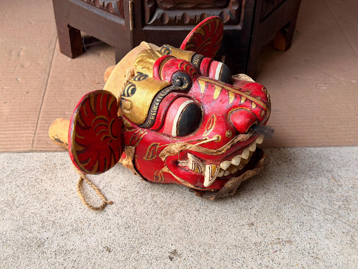 Vintage Balinese Barong Wood Mask Articulated Tongue Ears Puppet Folk Art