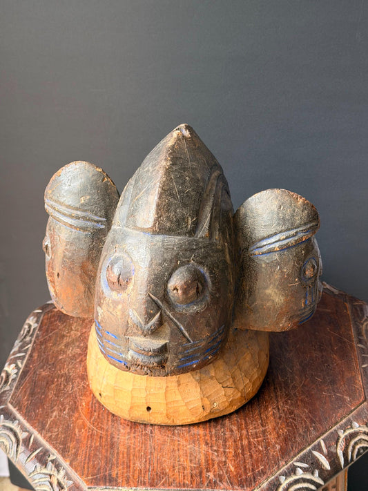 Yoruba Egungun Helmet Mask Tri Face Crest Carved Wood African Nigeria 12"