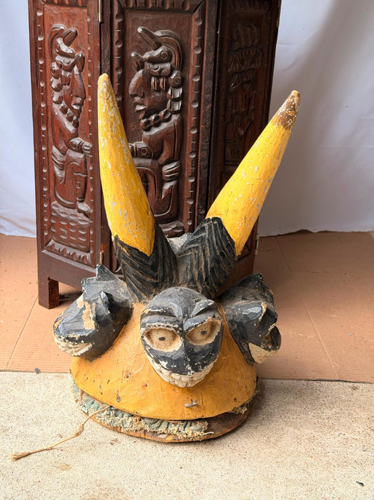 African Carved Wood Egungun Helmet Mask Yoruba Horned Simian Crest 17"