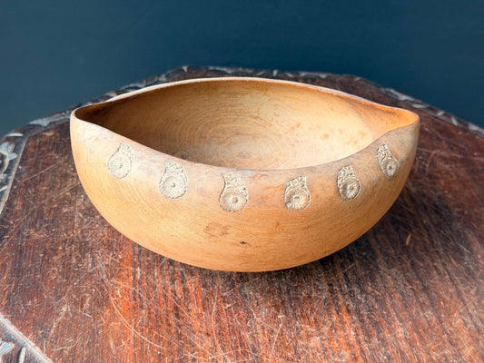 Vintage Hand Carved Wooden Vessel Almond Eye Vessel Paisley Detail Tribal Decor