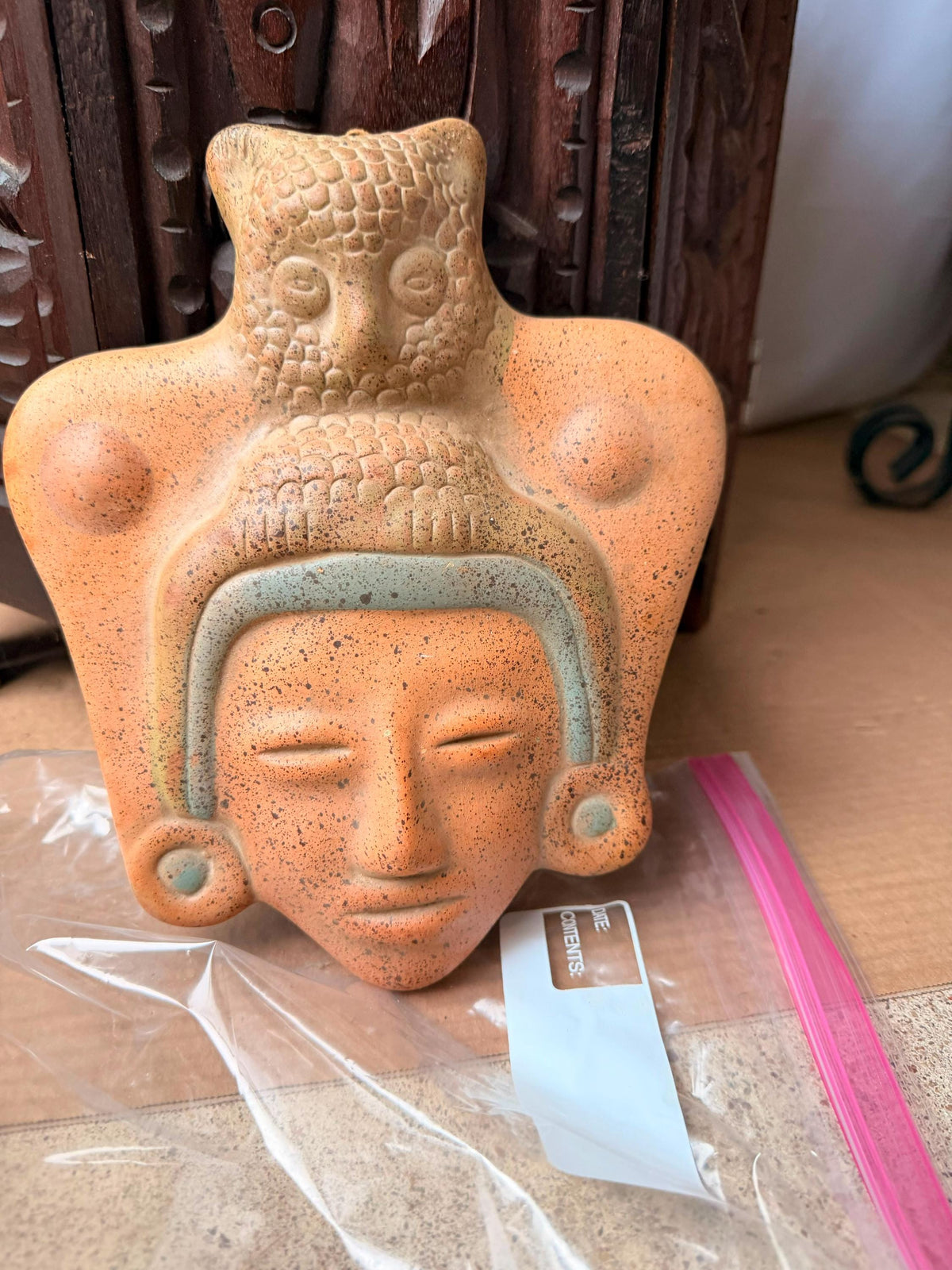 Vintage Mexican Terracotta Clay Mask Owl Headdress Mesoamerican Wall Art 9"