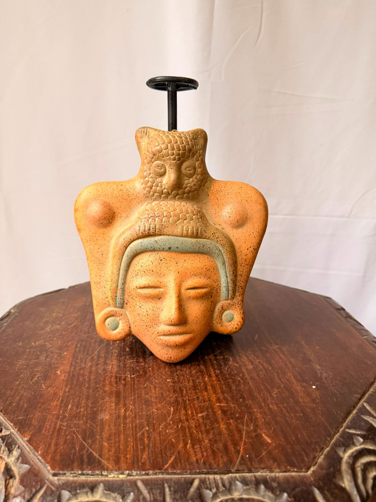Vintage Mexican Terracotta Clay Mask Owl Headdress Mesoamerican Wall Art 9"