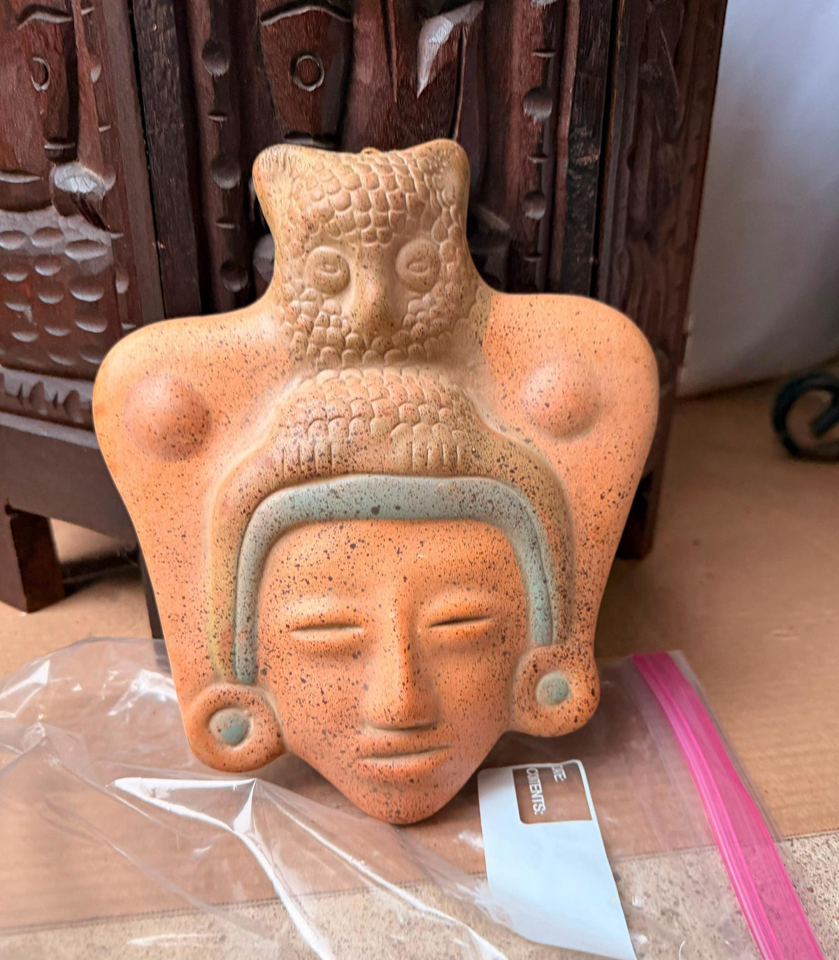 Vintage Mexican Terracotta Clay Mask Owl Headdress Mesoamerican Wall Art 9"