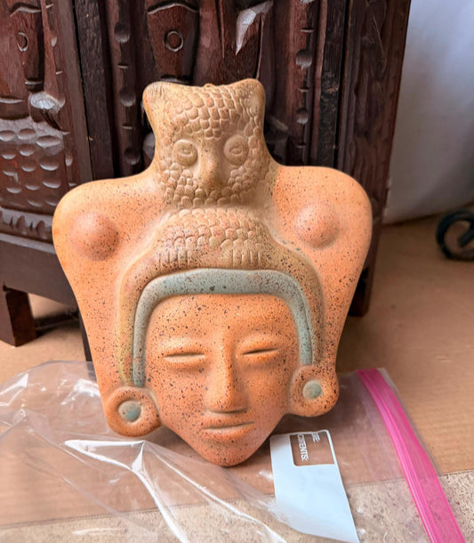 Vintage Mexican Terracotta Clay Mask Owl Headdress Mesoamerican Wall Art 9"