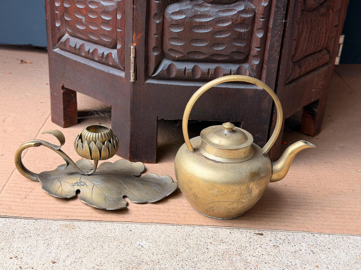 Vintage Brass Teapot & Lotus Leaf Candlestick Set Chased Floral Teaware Accent