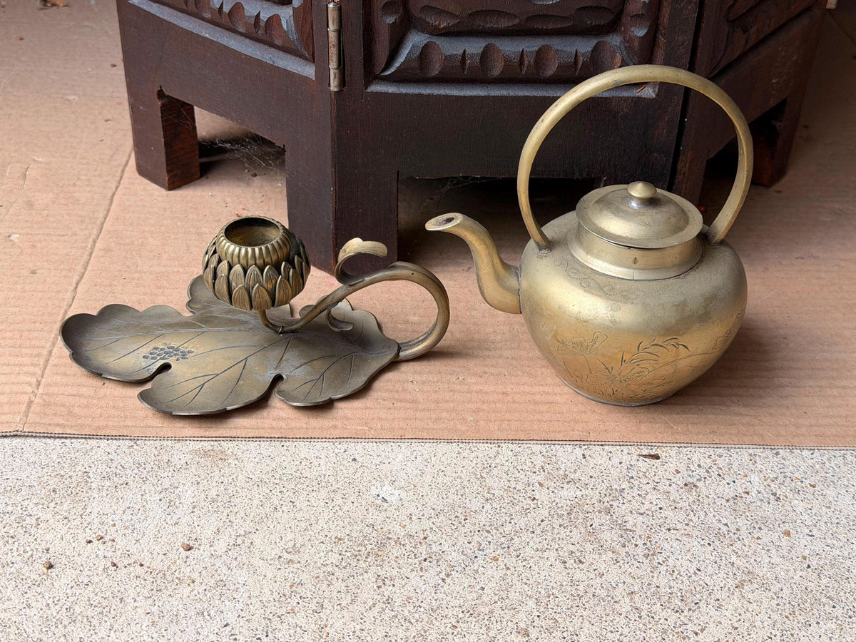 Vintage Brass Teapot & Lotus Leaf Candlestick Set Chased Floral Teaware Accent